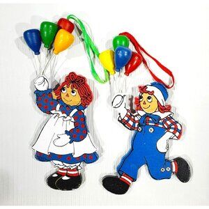 Raggedy Ann & Andy Holding Balloons Wood Doll Ornaments Kurt Adler Vintage 1993